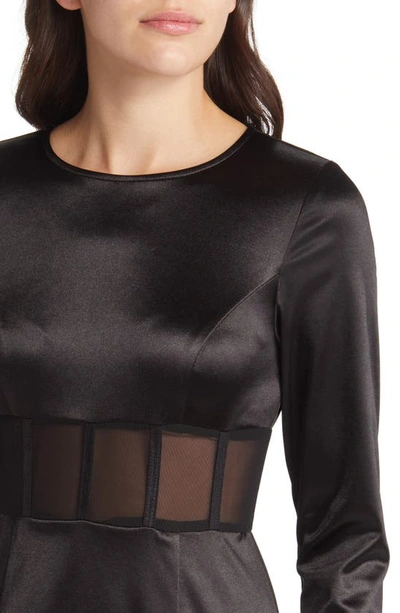 Shop Area Stars Illusion Waist Long Sleeve Satin Midi Dress In Black
