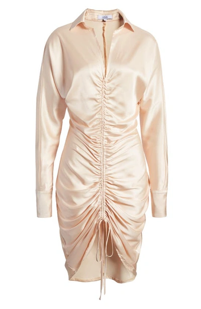 Shop Area Stars Ruched Long Sleeve Satin Dress In Champagne