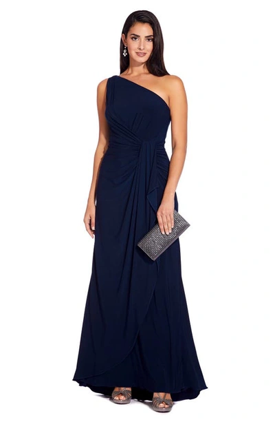 Adrianna Papell One-shoulder Jersey Gown In Midnight