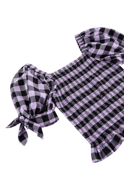 Shop Habitual Kid's Gingham Smocked Puff Sleeve Cotton Top In Lilac