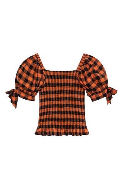 Shop Habitual Kid's Gingham Smocked Puff Sleeve Cotton Top In Rust