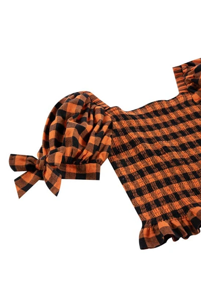 Shop Habitual Kid's Gingham Smocked Puff Sleeve Cotton Top In Rust