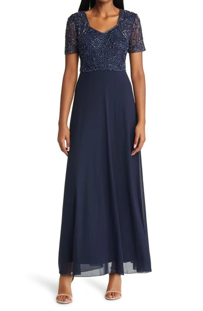 Shop Pisarro Nights Beaded Bodice A-line Gown In Navy