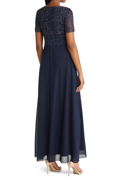 Shop Pisarro Nights Beaded Bodice A-line Gown In Navy