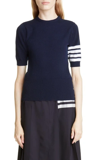 Shop Thom Browne 4-bar Short Sleeve Cashmere Sweater In Navy