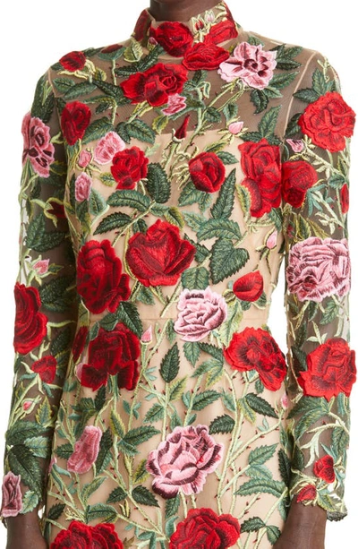 Shop Oscar De La Renta Floral Embroidered Long Sleeve Cocktail Minidress In Multi