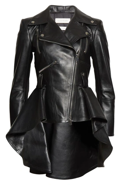 Shop Alexander Mcqueen Peplum Lambskin Leather Moto Jacket In Black