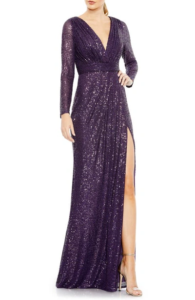 Shop Mac Duggal Sequin Long Sleeve Faux Wrap Gown In Purple