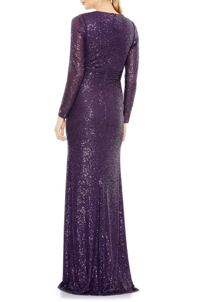 Mac Duggal Long Sleeve Sequin Faux Wrap Gown In Purple