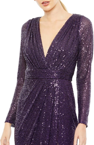 Shop Mac Duggal Sequin Long Sleeve Faux Wrap Gown In Purple