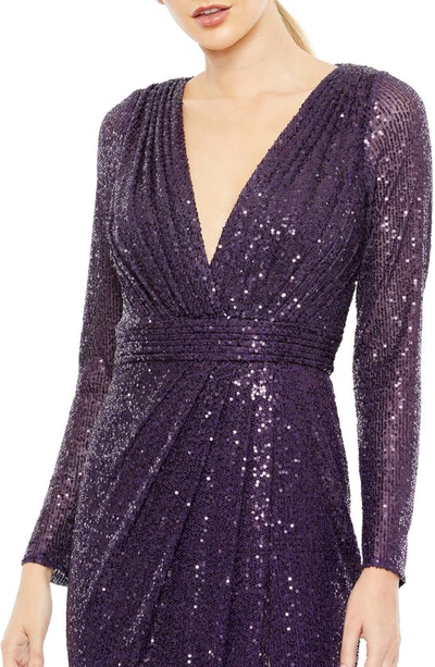 Mac Duggal Long Sleeve Sequin Faux Wrap Gown In Purple