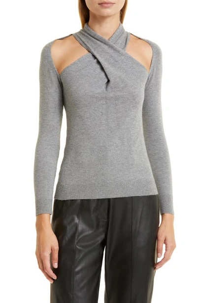 Shop Donna Karan Woman Cutout Halter Long Sleeve Sweater In Heather Grey