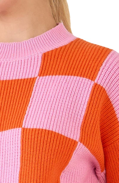 Shop Grey Lab Checkerboard Cotton Blend Crewneck Sweater In Pink/ Orange