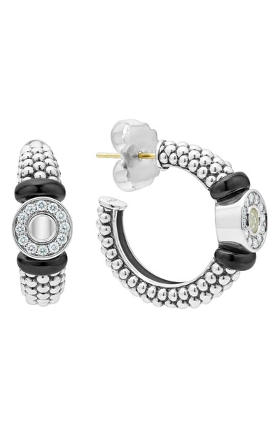Shop Lagos Black Caviar Diamond Huggie Hoop Earrings In Silver Black Diamond