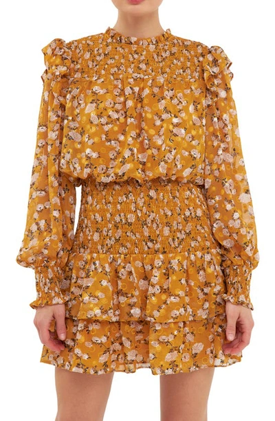 ENDLESS ROSE ENDLESS ROSE FLORAL PRINT SHIRRED LONG SLEEVE CHIFFON MINIDRESS 