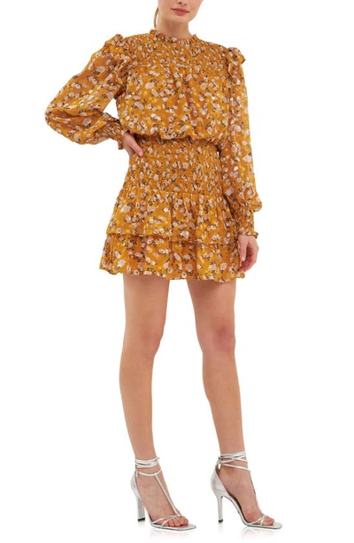 ENDLESS ROSE ENDLESS ROSE FLORAL PRINT SHIRRED LONG SLEEVE CHIFFON MINIDRESS 