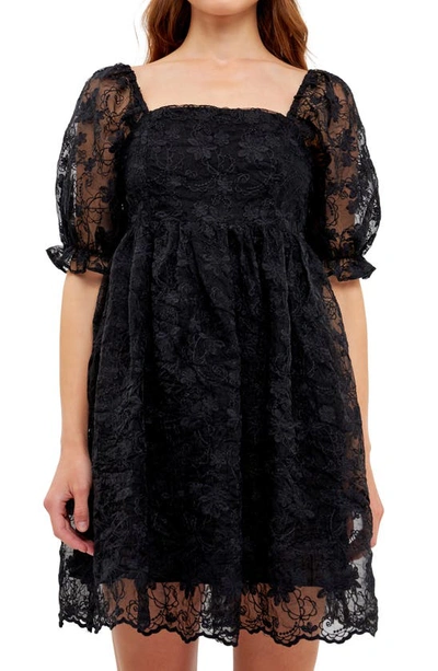 Endless Rose Floral Embroidered Puff Sleeve Babydoll Dress In Black
