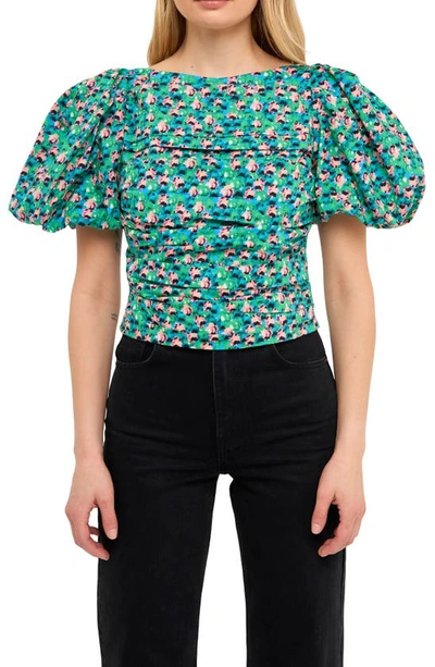 Endless Rose Floral Print Gathered Puff Sleeve Cotton Poplin Blouse In Aqua Multi