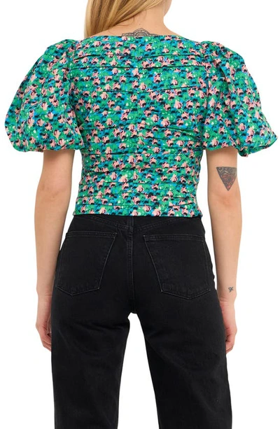 Endless Rose Floral Print Gathered Puff Sleeve Cotton Poplin Blouse In Aqua Multi