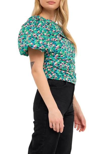 Endless Rose Floral Print Gathered Puff Sleeve Cotton Poplin Blouse In Aqua Multi