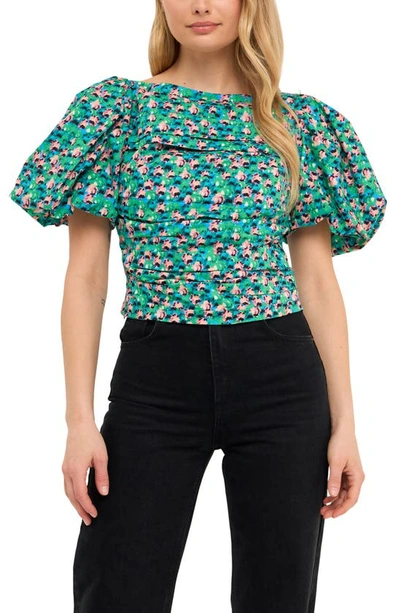 Endless Rose Floral Print Gathered Puff Sleeve Cotton Poplin Blouse In Aqua Multi