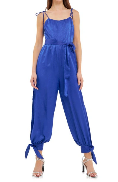 Endless Rose Tie Detail Slit Leg Satin Jumpsuit In Navy