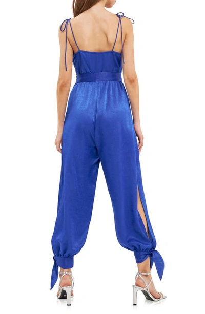 Endless Rose Tie Detail Slit Leg Satin Jumpsuit In Navy