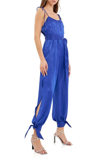 Endless Rose Tie Detail Slit Leg Satin Jumpsuit In Navy