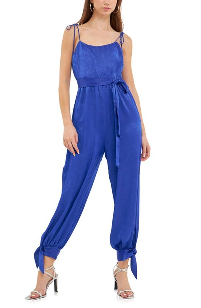 Endless Rose Tie Detail Slit Leg Satin Jumpsuit In Navy