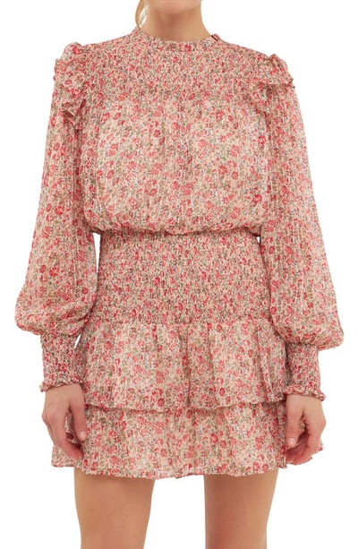 Endless Rose Floral Print Shirred Long Sleeve Chiffon Minidress In Pink Multi