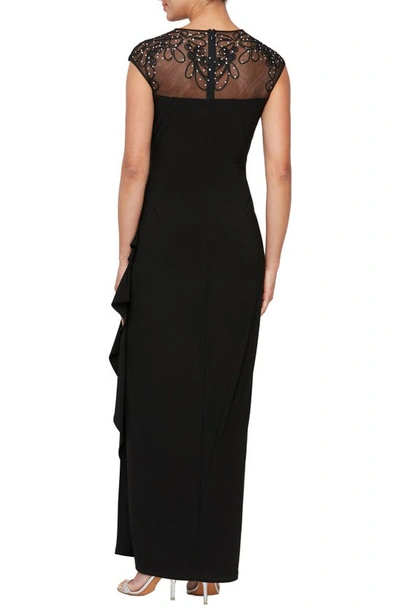 Alex Evenings Illusion Lace Matte Jersey Column Gown In Black