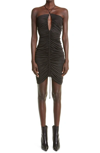Shop Bottega Veneta Ruched Cutout Halter Neck Jersey Dress In Black