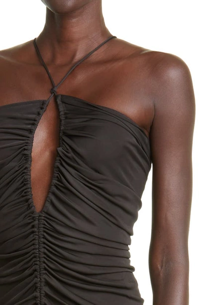 Shop Bottega Veneta Ruched Cutout Halter Neck Jersey Dress In Black