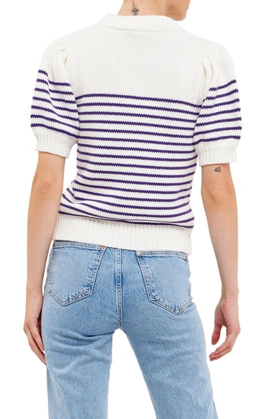English Factory Stripe Short Puff Sleeve Sweater In Purple And White In White/ Purple