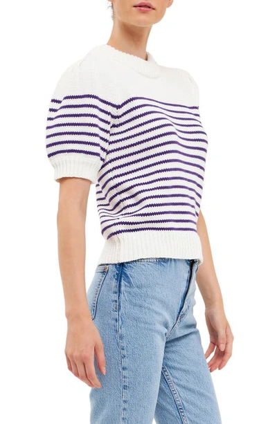 English Factory Stripe Short Puff Sleeve Sweater In Purple And White In White/ Purple