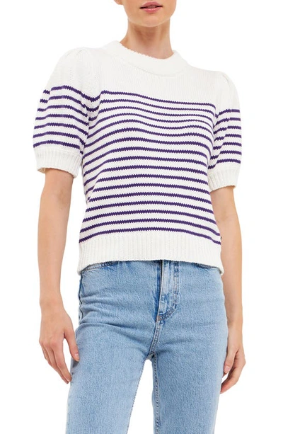 English Factory Stripe Short Puff Sleeve Sweater In Purple And White In White/ Purple