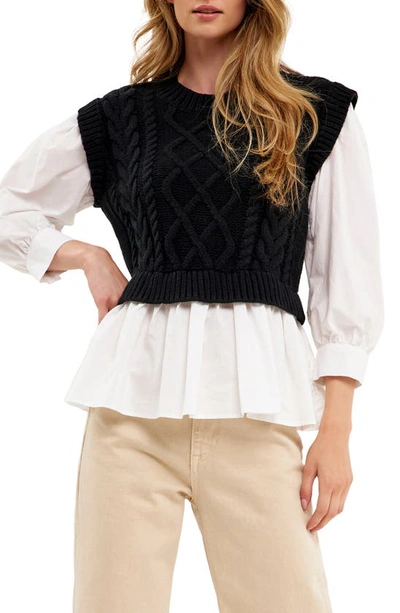 Shop English Factory Mixed Media Cable Sweater In Black/ White
