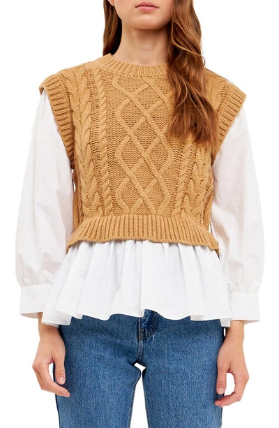 Shop English Factory Mixed Media Cable Sweater In Tan/ White