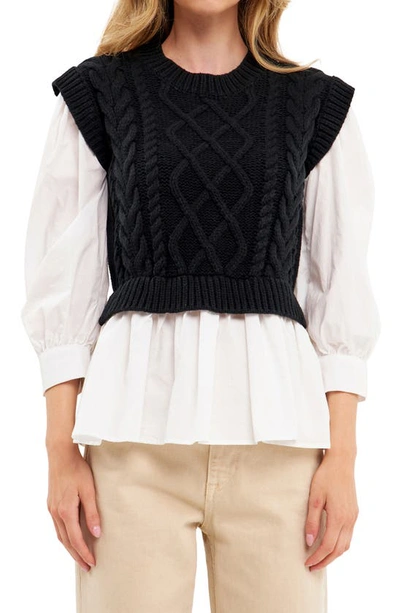Shop English Factory Mixed Media Cable Sweater In Black/ White