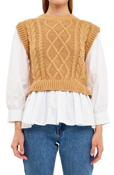Shop English Factory Mixed Media Cable Sweater In Tan/ White