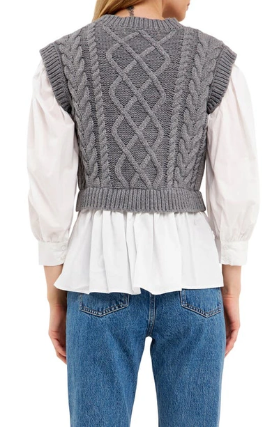 Shop English Factory Mixed Media Cable Sweater In Heather Grey/ White
