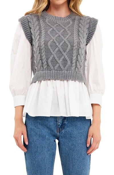 Shop English Factory Mixed Media Cable Sweater In Heather Grey/ White