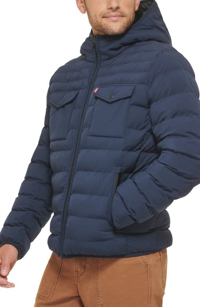 Shop Levi's Stretch Hooded Puffer Jacket In Navy