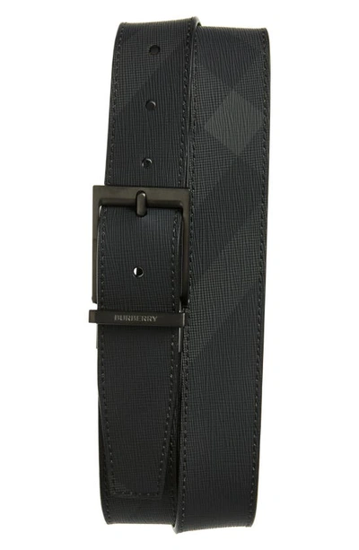 Shop Burberry Louis Reversible Check Belt In Dark Charcoal/ Black