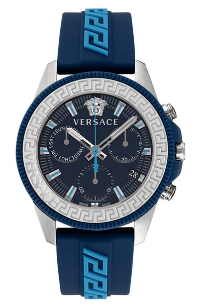 Shop Versace Greca Action Chronograph Silicone Strap Watch, 45mm In Ip Stainless Steel/ Blue