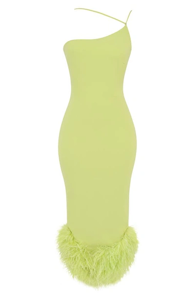 House Of Cb Alessia Asymmetric Feather Trim Midi Dress In Lime