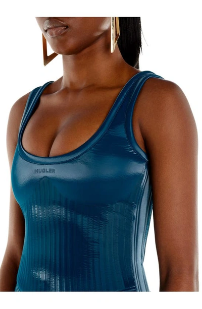 Shop Mugler Glossy Embossed Jersey Body-con Bonded Jersey Minidress In 6059 Teal
