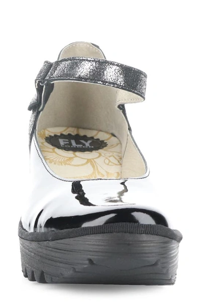 Shop Fly London Yawo Wedge Mary Jane Loafer In Black/ Silver/ Flash