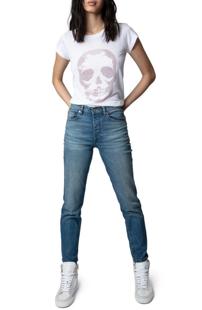 Shop Zadig & Voltaire Embellished Skull Cotton & Modal Skinny T-shirt In White/ Pink