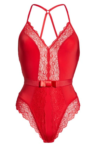 Black Bow Henny Satin & Lace Thong Bodysuit In Tango Red